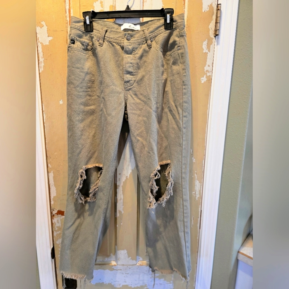 KanCan High Waisted Distressed Sage Green Ankle Jean Size 9/28